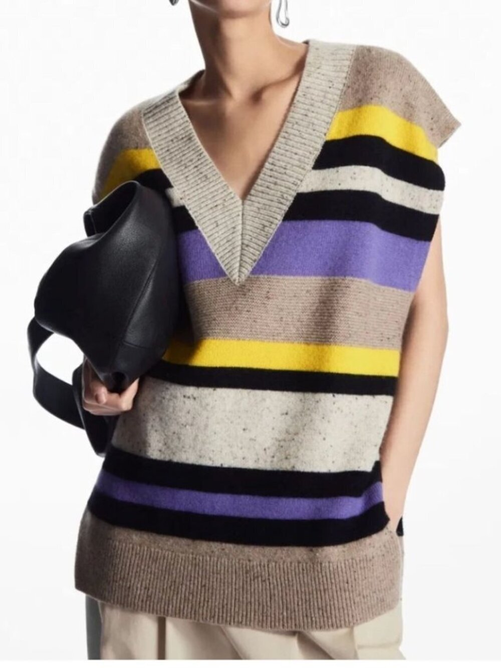 COS Multicolor Striped Wool Sweater Vest Oversized Fit V-Neck Side Slit Size S